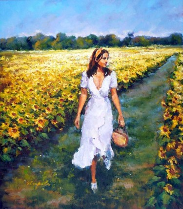 Картина под названием "Yellow Flowers" - Olga Egorov, Подлинное произведение искусства, Масло Установлен на Деревянная рама…
