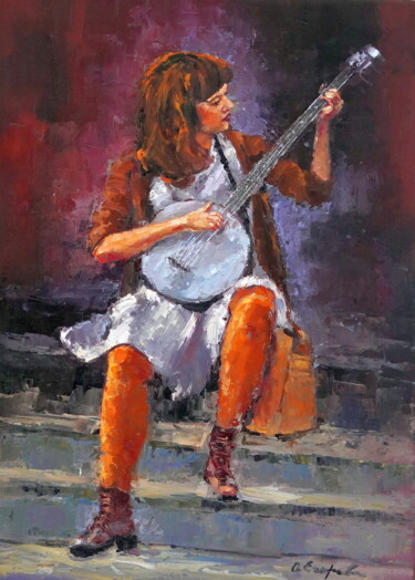 Ζωγραφική με τίτλο "Girl Banjo" από Olga Egorov, Αυθεντικά έργα τέχνης, Λάδι Τοποθετήθηκε στο Ξύλινο φορείο σκελετό