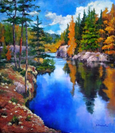 Malarstwo zatytułowany „Taiga River” autorstwa Olga Egorov, Oryginalna praca, Olej Zamontowany na Drewniana rama noszy