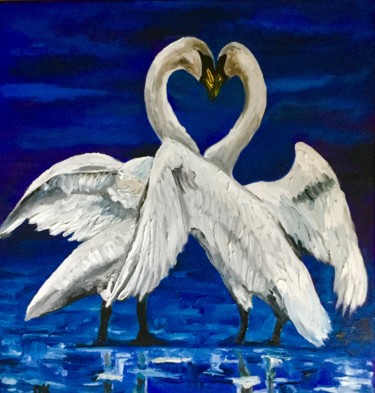 Painting titled "Swans. Happy couple…" by Olga Koval, Original Artwork, Oil