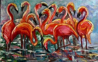 Ζωγραφική με τίτλο "Orance Flamingos. L…" από Olga Koval, Αυθεντικά έργα τέχνης, Λάδι