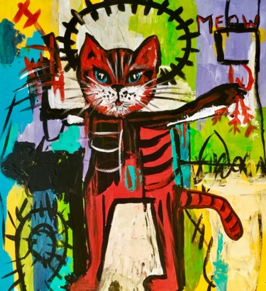 Painting titled "RED CAT VERSION OF…" by Olga Koval, Original Artwork, Acrylic Mounted on Wood Stretcher frame