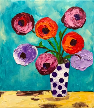 Painting titled "Naive bouquet of fl…" by Olga Koval, Original Artwork, Acrylic Mounted on Wood Stretcher frame