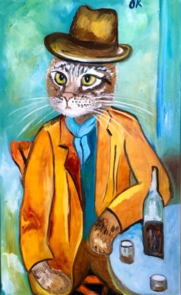 Painting titled "Troy The Cat With W…" by Olga Koval, Original Artwork, Oil Mounted on Wood Stretcher frame