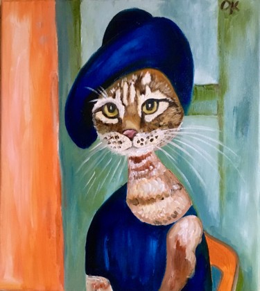 Painting titled "Cat Lady Inspired b…" by Olga Koval, Original Artwork, Oil Mounted on Wood Stretcher frame