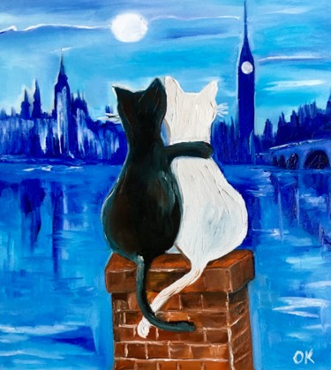Painting titled "Cats in London,  ro…" by Olga Koval, Original Artwork, Oil Mounted on Wood Stretcher frame
