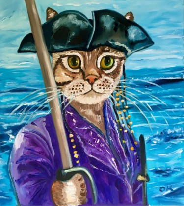 Painting titled "Troy Cat Pirate of…" by Olga Koval, Original Artwork, Oil Mounted on Wood Stretcher frame