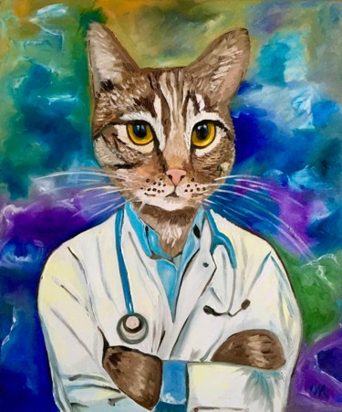 Malerei mit dem Titel "Doctor Cat Troy art…" von Olga Koval, Original-Kunstwerk, Öl Auf Keilrahmen aus Holz montiert