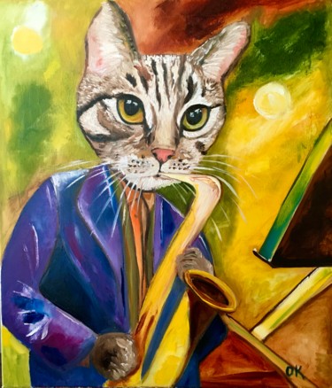 Painting titled "Troy saxophonist, m…" by Olga Koval, Original Artwork, Oil Mounted on Wood Stretcher frame