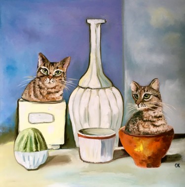 Painting titled "Two Cats in Giorgio…" by Olga Koval, Original Artwork, Oil Mounted on Wood Stretcher frame