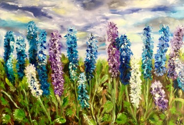 Peinture intitulée "Delphiniums in Rege…" par Olga Koval, Œuvre d'art originale, Huile Monté sur Châssis en bois