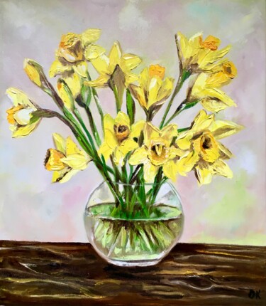 Pittura intitolato "Daffodils in a vase…" da Olga Koval, Opera d'arte originale, Olio Montato su Telaio per barella in legno