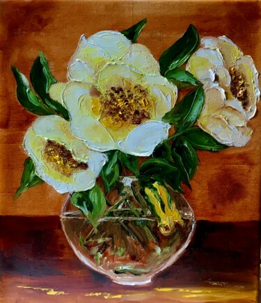 Painting titled "Wild roses on the t…" by Olga Koval, Original Artwork, Oil Mounted on Wood Stretcher frame