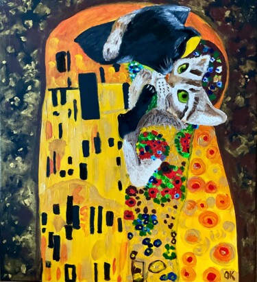 Картина под названием "Cat and Kiss by Gus…" - Olga Koval, Подлинное произведение искусства, Акрил Установлен на Деревянная…