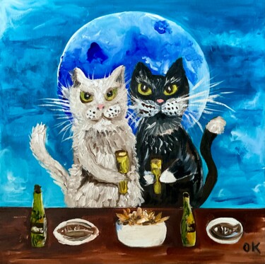 Ζωγραφική με τίτλο "Pint of beer, cats…" από Olga Koval, Αυθεντικά έργα τέχνης, Λάδι Τοποθετήθηκε στο Ξύλινο φορείο σκελετό