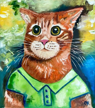 Painting titled "Pensive cat Maksyk" by Olga Koval, Original Artwork, Oil Mounted on Wood Stretcher frame