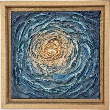 Schilderij getiteld ""Mandala bleu-or"" door Olgamach, Origineel Kunstwerk, Acryl Gemonteerd op Frame voor houten brancard
