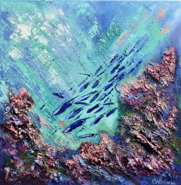 Painting titled "Bahamas Coral Reef" by Olga Nikitina, Original Artwork, Oil Mounted on Wood Stretcher frame