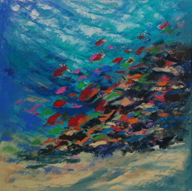 Pintura intitulada "Coral Reef  UNDERWA…" por Olga Nikitina, Obras de arte originais, Óleo Montado em Armação em madeira