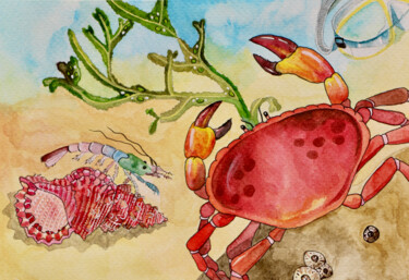 Painting titled "Crab voyeur" by Olga Petrova, Original Artwork, Watercolor