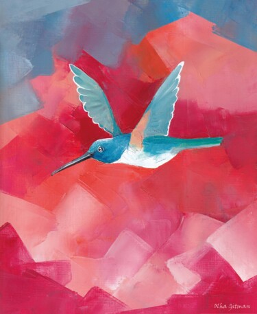 Painting titled "Bird in colorful ga…" by Olha Gitman, Original Artwork, Oil