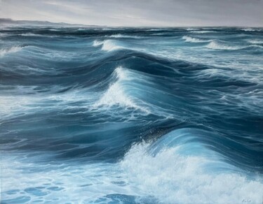Painting titled "raging sea" by Olha Holub, Original Artwork, Oil Mounted on Wood Stretcher frame