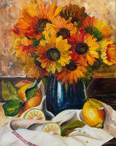 Painting titled "Still life with sun…" by Olha Korniienko, Original Artwork, Oil Mounted on Cardboard