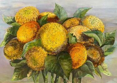 Painting titled "Sunflower before a…" by Olha Korniienko, Original Artwork, Oil Mounted on Cardboard