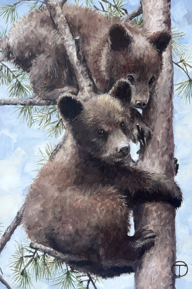 「Grizzly cubs」というタイトルの絵画 Olia Tomkovaによって, オリジナルのアートワーク, アクリル