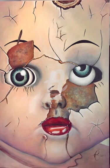 「Doll」というタイトルの絵画 Olivia Moéloによって, オリジナルのアートワーク, オイル ウッドストレッチャーフレームにマウント