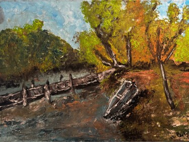 Schilderij getiteld "La barque au bord d…" door Olivier De Pooter, Origineel Kunstwerk, Acryl