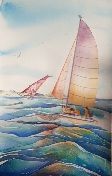 Painting titled "Navigue et Saute" by Olivier Follin, Original Artwork, Watercolor