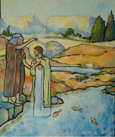 Malerei mit dem Titel "baptême de Jésus" von Olivier Le Gac, Original-Kunstwerk, Öl