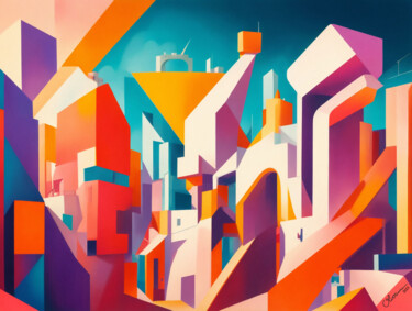 Digitale Kunst getiteld "Geométrica City" door Olivinni, Origineel Kunstwerk, AI gegenereerde afbeelding