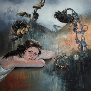 「DREAM OF THE PELICAN」というタイトルの絵画 Olga Sarabarina (Olja Sar)によって, オリジナルのアートワーク, オイル ウッドストレッチャーフレームにマウント