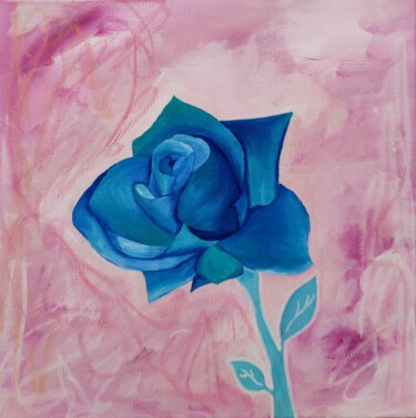 Painting titled "Blue rose. Pink flo…" by Olya Enina, Original Artwork, Oil Mounted on Wood Stretcher frame