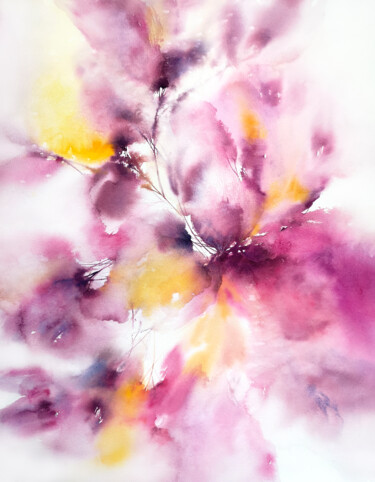 Картина под названием "Purple abstract flo…" - Olya Grigorevykh, Подлинное произведение искусства, Акварель