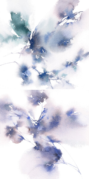 「Blue flowers. Water…」というタイトルの絵画 Olya Grigorevykhによって, オリジナルのアートワーク, 水彩画