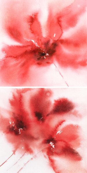 Pintura titulada "Red flowers diptych" por Olya Grigorevykh, Obra de arte original, Acuarela