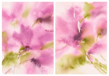 Schilderij getiteld "Pink flowers diptych" door Olya Grigorevykh, Origineel Kunstwerk, Aquarel