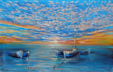 Painting titled "Sea & Sky" by Olya Lioness, Original Artwork, Oil Mounted on Wood Stretcher frame