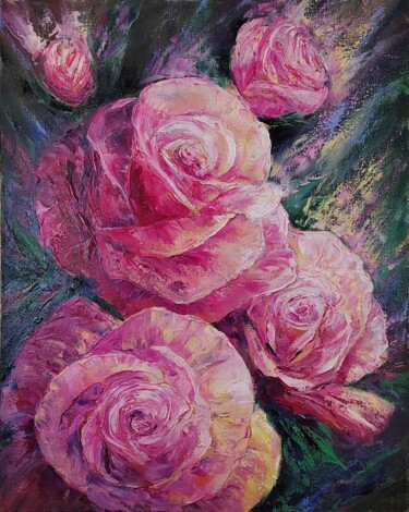 Painting titled "Roses odor 1" by Olya Lioness, Original Artwork, Oil Mounted on Wood Stretcher frame