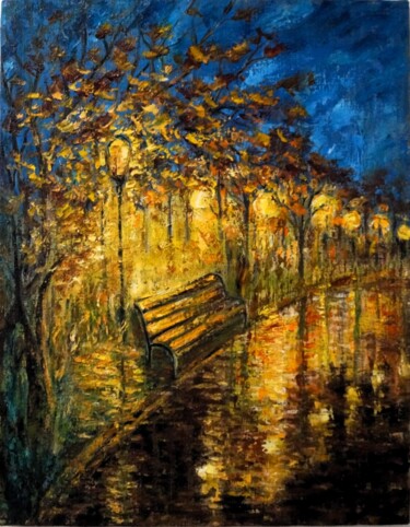 Malarstwo zatytułowany „Night Alley” autorstwa Olya Lioness, Oryginalna praca, Olej Zamontowany na Drewniana rama noszy