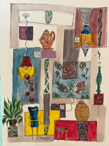 Painting titled "The living corner" by Omar Yousef Alrashed, Original Artwork, Watercolor