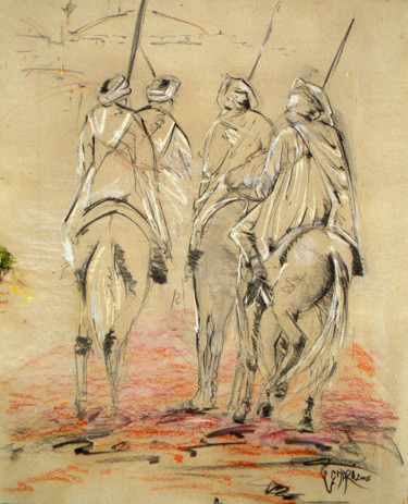 Schilderij getiteld "Tbourida" door Omari, Origineel Kunstwerk, Pastel Gemonteerd op Frame voor houten brancard