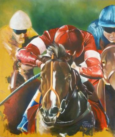 Painting titled "Jockeys" by Omari, Original Artwork, Oil Mounted on Wood Stretcher frame