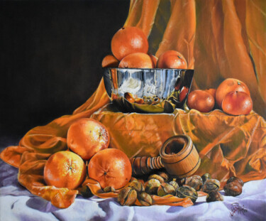 Malerei mit dem Titel "Bol argenté, orange…" von Omari, Original-Kunstwerk, Öl Auf Keilrahmen aus Holz montiert