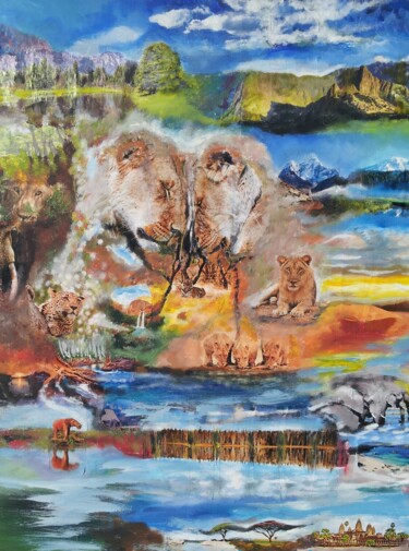 Pintura intitulada "LÖWE LIEBT WASSERMA…" por Omsurya Sandra Inti Ruphay, Obras de arte originais, Acrílico