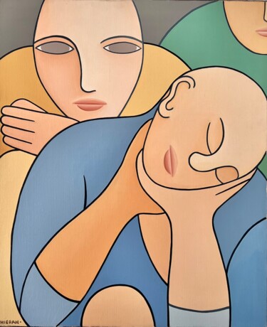 Schilderij getiteld "Le petit sommeil" door Onurb Napeihcs, Origineel Kunstwerk, Olie Gemonteerd op Frame voor houten branca…