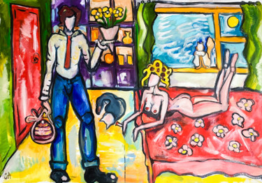 Painting titled "DATE WITH WOMAN" by Sasha Neschastnova, Original Artwork, Oil